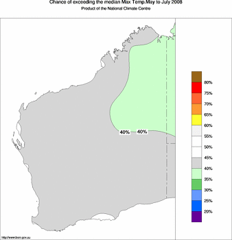probability of exceeding median maximum temperature - click on the image for a larger version of the map