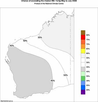 probability of exceeding median minimum temperature - click on the image for a larger version of the map