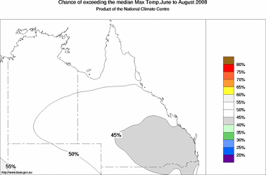 probability of exceeding median maximum temperature - click on the image for a larger version of the map