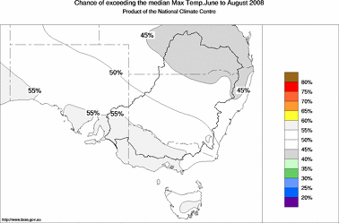 probability of exceeding median maximum temperature - click on the image for a larger version of the map