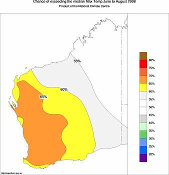 probability of exceeding median maximum temperature - click on the image for a larger version of the map