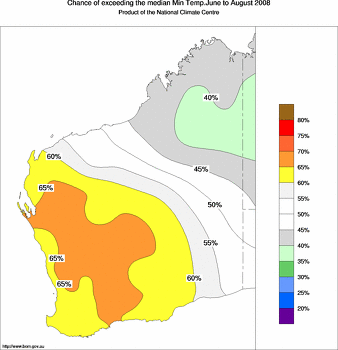 probability of exceeding median minimum temperature - click on the image for a larger version of the map