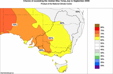probability of exceeding median maximum temperature - click on the image for a larger version of the map