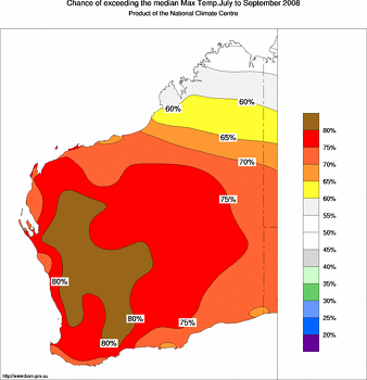probability of exceeding median maximum temperature - click on the image for a larger version of the map