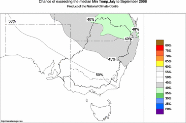 probability of exceeding median minimum temperature - click on the image for a larger version of the map