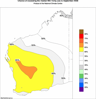 probability of exceeding median minimum temperature - click on the image for a larger version of the map