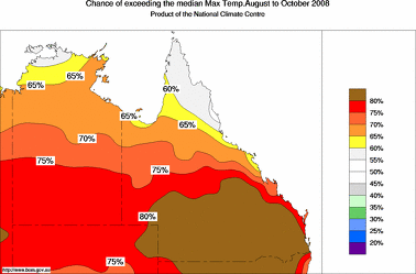 probability of exceeding median maximum temperature - click on the image for a larger version of the map
