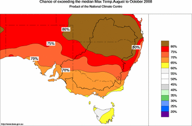 probability of exceeding median maximum temperature - click on the image for a larger version of the map