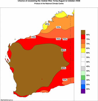 probability of exceeding median maximum temperature - click on the image for a larger version of the map
