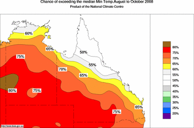 probability of exceeding median minimum temperature - click on the image for a larger version of the map