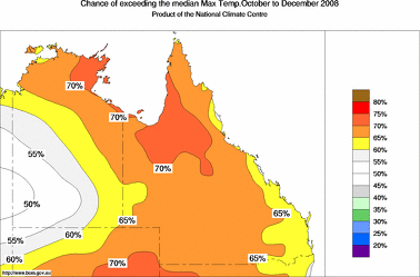 probability of exceeding median maximum temperature - click on the image for a larger version of the map