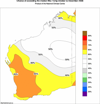 probability of exceeding median maximum temperature - click on the image for a larger version of the map