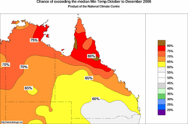 probability of exceeding median minimum temperature - click on the image for a larger version of the map