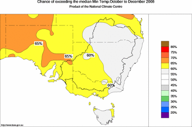 probability of exceeding median minimum temperature - click on the image for a larger version of the map