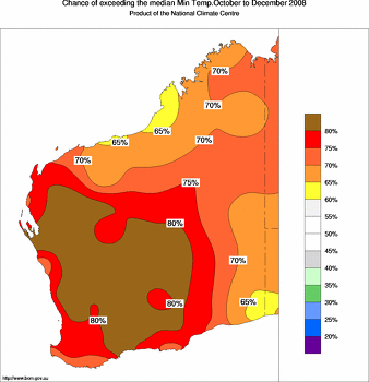 probability of exceeding median minimum temperature - click on the image for a larger version of the map