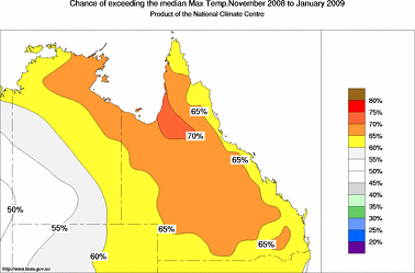 probability of exceeding median maximum temperature - click on the image for a larger version of the map
