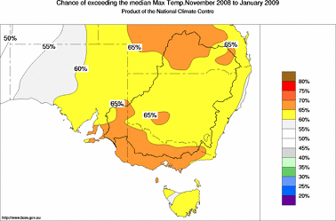 probability of exceeding median maximum temperature - click on the image for a larger version of the map