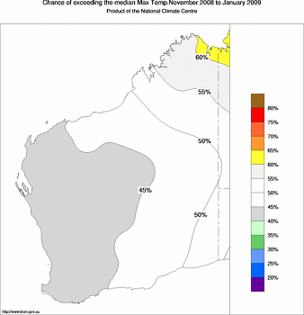 probability of exceeding median maximum temperature - click on the image for a larger version of the map