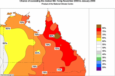 probability of exceeding median minimum temperature - click on the image for a larger version of the map