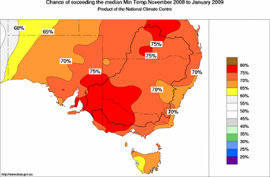 probability of exceeding median minimum temperature - click on the image for a larger version of the map