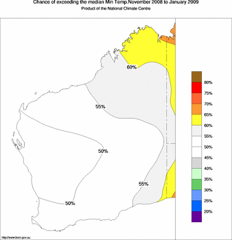 probability of exceeding median minimum temperature - click on the image for a larger version of the map