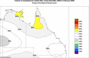 probability of exceeding median maximum temperature - click on the image for a larger version of the map