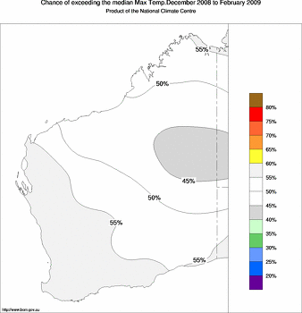 probability of exceeding median maximum temperature - click on the image for a larger version of the map