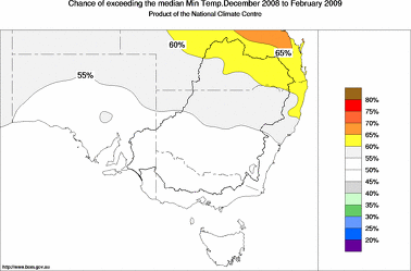 probability of exceeding median minimum temperature - click on the image for a larger version of the map