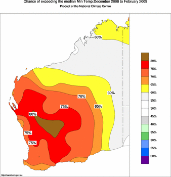 probability of exceeding median minimum temperature - click on the image for a larger version of the map