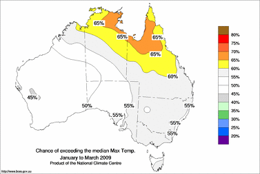 probability of exceeding median maximum temperature - click on the image for a larger version of the map