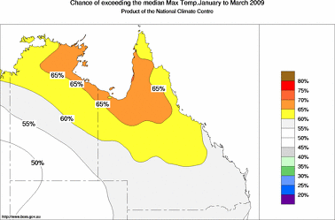 probability of exceeding median maximum temperature - click on the image for a larger version of the map