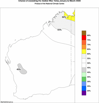 probability of exceeding median maximum temperature - click on the image for a larger version of the map