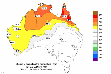 probability of exceeding median minimum temperature - click on the image for a larger version of the map