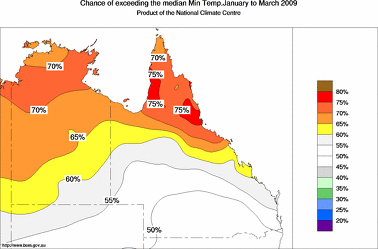 probability of exceeding median minimum temperature - click on the image for a larger version of the map