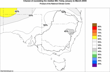probability of exceeding median minimum temperature - click on the image for a larger version of the map