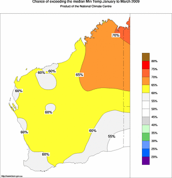 probability of exceeding median minimum temperature - click on the image for a larger version of the map