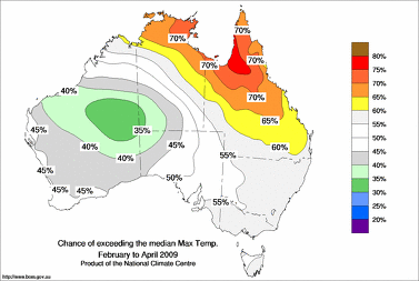 probability of exceeding median maximum temperature - click on the image for a larger version of the map