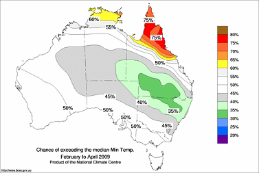probability of exceeding median minimum temperature - click on the image for a larger version of the map
