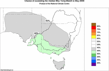probability of exceeding median maximum temperature - click on the image for a larger version of the map