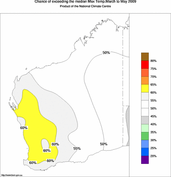probability of exceeding median maximum temperature - click on the image for a larger version of the map