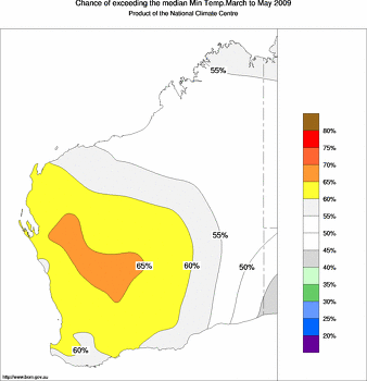 probability of exceeding median minimum temperature - click on the image for a larger version of the map