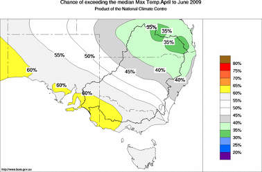 probability of exceeding median maximum temperature - click on the image for a larger version of the map