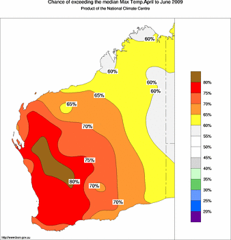 probability of exceeding median maximum temperature - click on the image for a larger version of the map