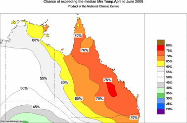 probability of exceeding median minimum temperature - click on the image for a larger version of the map