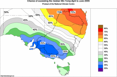 probability of exceeding median minimum temperature - click on the image for a larger version of the map