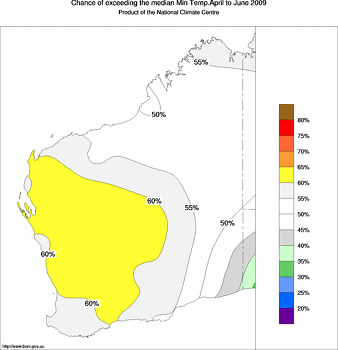 probability of exceeding median minimum temperature - click on the image for a larger version of the map