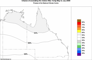 probability of exceeding median maximum temperature - click on the image for a larger version of the map