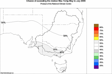 probability of exceeding median maximum temperature - click on the image for a larger version of the map