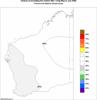 probability of exceeding median maximum temperature - click on the image for a larger version of the map