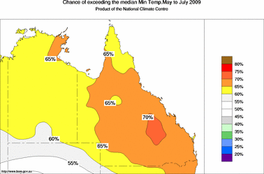 probability of exceeding median minimum temperature - click on the image for a larger version of the map